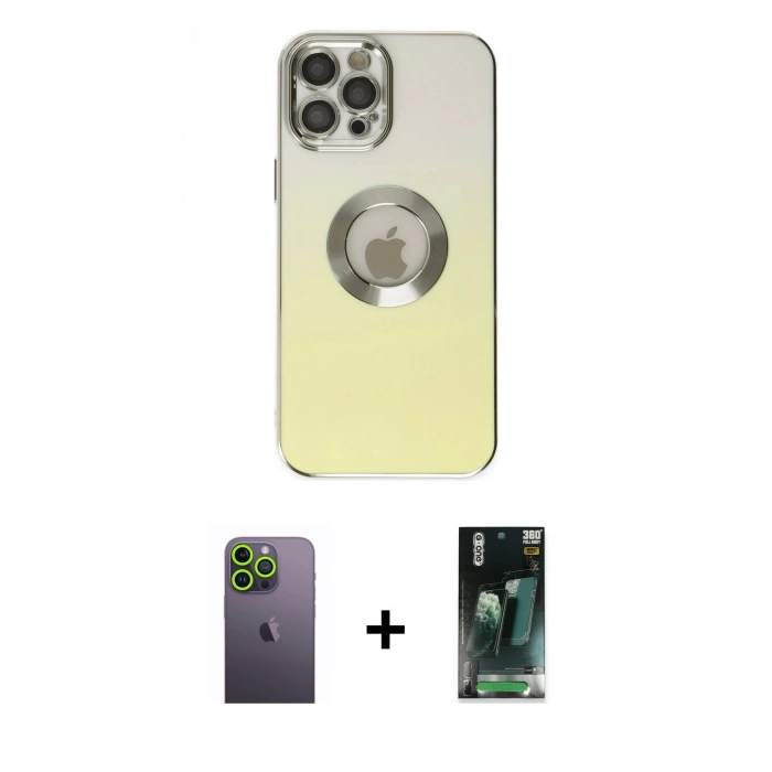 MARSİLYAN™- iPhone 12 Pro Max Kılıf Kutup Yansıma Özel Seri - Şeffaf 360 Full Body Arka Koruyucu + Neon Fosforlu Kamera Lens - YL