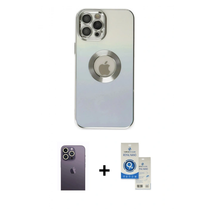 MARSİLYAN™- iPhone 12 Pro Max Kılıf Kutup Yansıma Özel Seri - Şeffaf Royal Nano Ekran Koruyucu + Beyaz Neon Fosforlu Kamera Lens