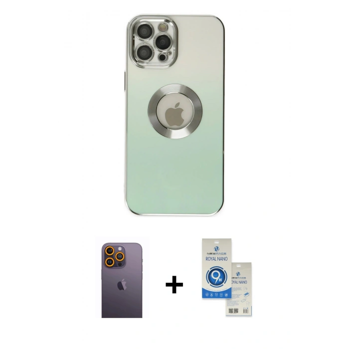 MARSİLYAN™- iPhone 12 Pro Max Kılıf Kutup Yansıma Özel Seri - Şeffaf Royal Nano Ekran Koruyucu + Neon Fosforlu Kamera Lens - SI