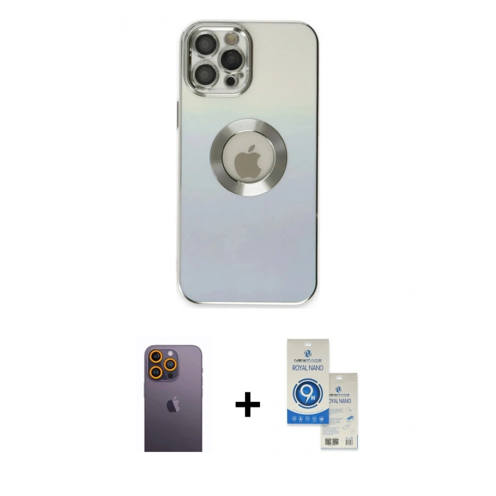 MARSİLYAN™- iPhone 12 Pro Max Kılıf Kutup Yansıma Özel Seri - Şeffaf Royal Nano Ekran Koruyucu + Neon Fosforlu Kamera Lens - SI