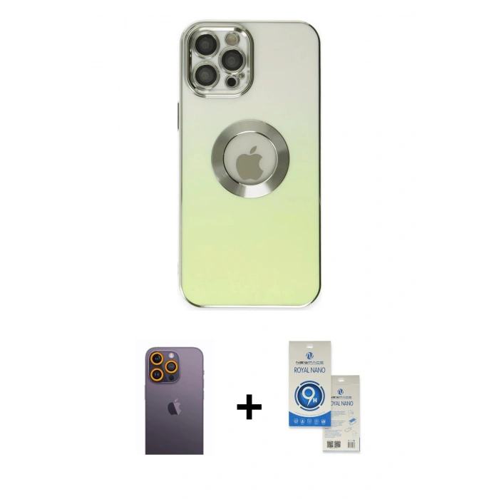 MARSİLYAN™- iPhone 12 Pro Max Kılıf Kutup Yansıma Özel Seri - Şeffaf Royal Nano Ekran Koruyucu + Neon Fosforlu Kamera Lens - SI
