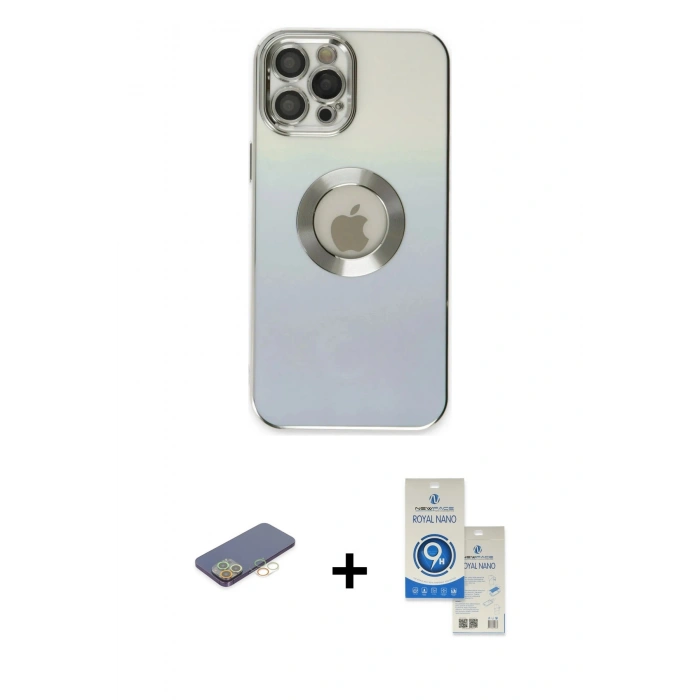 MARSİLYAN™- iPhone 12 Pro Max Kılıf Kutup Yansıma Özel Seri - Şeffaf Royal Nano Ekran Koruyucu + Sarı Renkli Kamera Lens Koruma Cam
