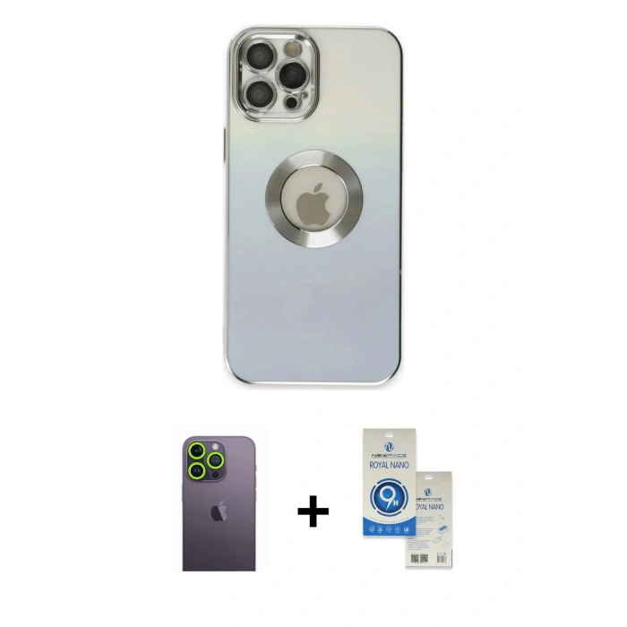 MARSİLYAN™- iPhone 12 Pro Max Kılıf Kutup Yansıma Özel Seri - Şeffaf Royal Nano Ekran Koruyucu + Neon Fosforlu Kamera Lens - YL