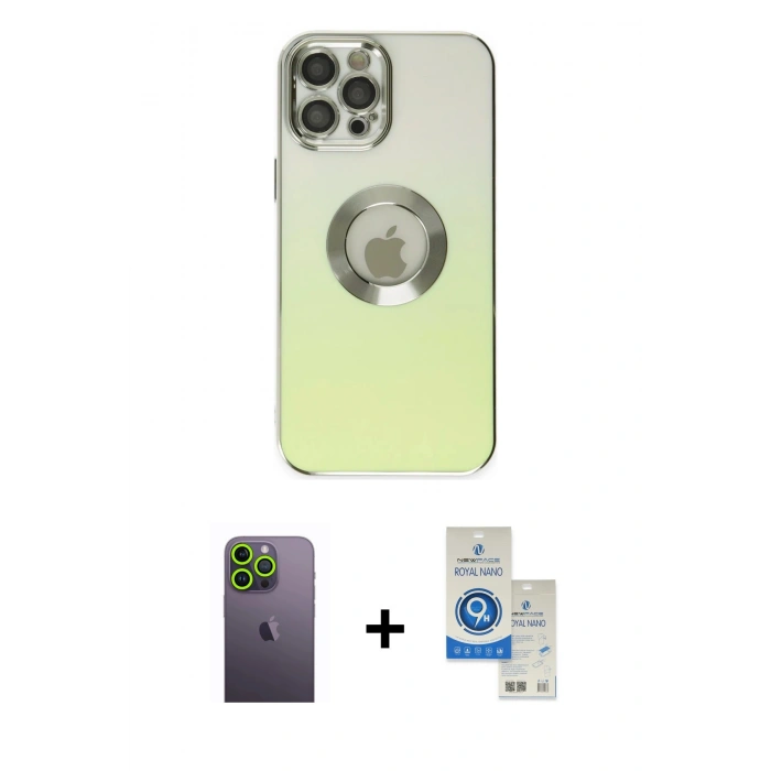 MARSİLYAN™- iPhone 12 Pro Max Kılıf Kutup Yansıma Özel Seri - Şeffaf Royal Nano Ekran Koruyucu + Neon Fosforlu Kamera Lens - YL
