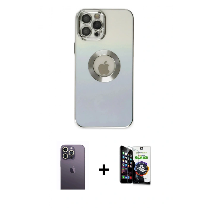MARSİLYAN™- iPhone 12 Pro Max Kılıf Kutup Yansıma Özel Seri - Şeffaf Temperli Cam Ekran Koruyucu + Neon Fosforlu Kamera Lens - BZ