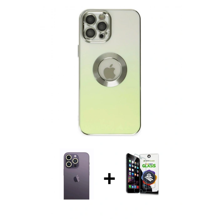 MARSİLYAN™- iPhone 12 Pro Max Kılıf Kutup Yansıma Özel Seri - Şeffaf Temperli Cam Ekran Koruyucu + Neon Fosforlu Kamera Lens - BZ
