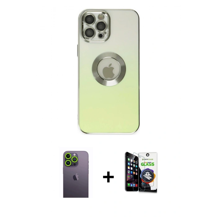 MARSİLYAN™- iPhone 12 Pro Max Kılıf Kutup Yansıma Özel Seri - Şeffaf Temperli Cam Ekran Koruyucu + Neon Fosforlu Kamera Lens - YL