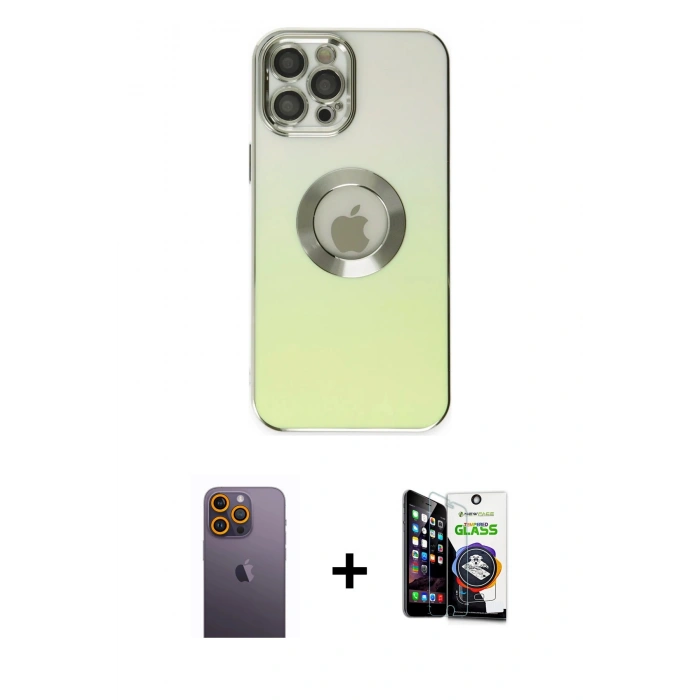 MARSİLYAN™- iPhone 12 Pro Max Kılıf Kutup Yansıma Özel Seri - Şeffaf Temperli Cam Ekran Koruyucu + Neon Fosforlu Kamera Lens - SI