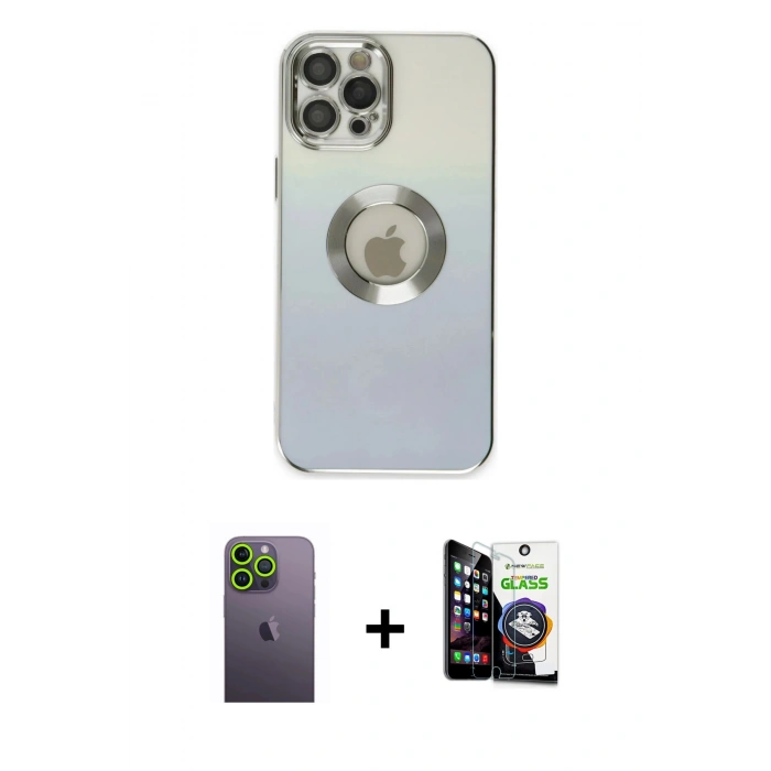 MARSİLYAN™- iPhone 12 Pro Max Kılıf Kutup Yansıma Özel Seri - Şeffaf Temperli Cam Ekran Koruyucu + Neon Fosforlu Kamera Lens - YL