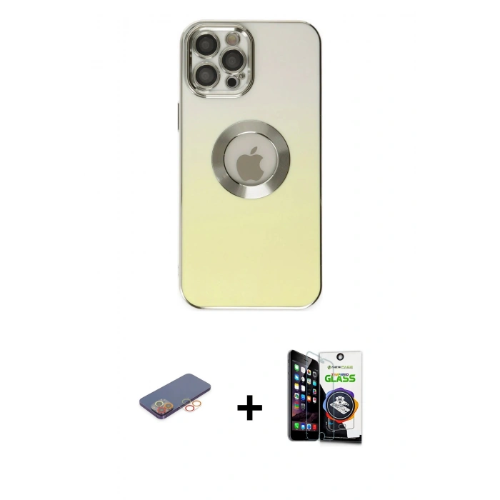 MARSİLYAN™- iPhone 12 Pro Max Kılıf Kutup Yansıma Özel Seri - Şeffaf Temperli Cam Ekran Koruyucu + Turuncu Renkli Kamera Lens Koruma Cam