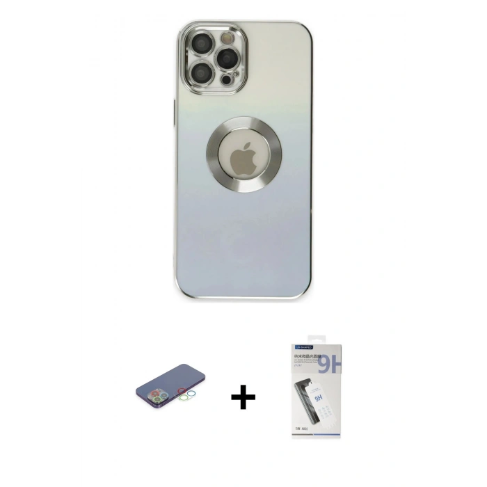 MARSİLYAN™- iPhone 12 Pro Max Kılıf Kutup Yansıma Özel Seri - Şeffaf Uv Polymer Nano Ekran Koruyucu + Mavi Renkli Kamera Lens Koruma Cam