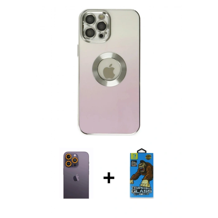 MARSİLYAN™- iPhone 12 Pro Max Kılıf Kutup Yansıma Özel Seri - Siyah 18D Cam Ekran Koruyucu + Neon Fosforlu Kamera Lens - SI