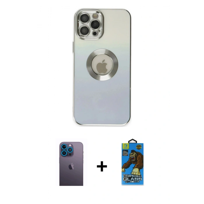 MARSİLYAN™- iPhone 12 Pro Max Kılıf Kutup Yansıma Özel Seri - Siyah 18D Cam Ekran Koruyucu + Neon Fosforlu Kamera Lens - MI