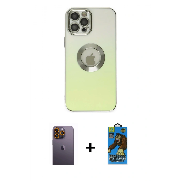 MARSİLYAN™- iPhone 12 Pro Max Kılıf Kutup Yansıma Özel Seri - Siyah 18D Cam Ekran Koruyucu + Neon Fosforlu Kamera Lens - SI