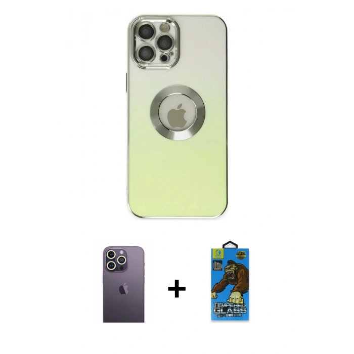 MARSİLYAN™- iPhone 12 Pro Max Kılıf Kutup Yansıma Özel Seri - Siyah 18D Cam Ekran Koruyucu + Neon Fosforlu Kamera Lens - BZ