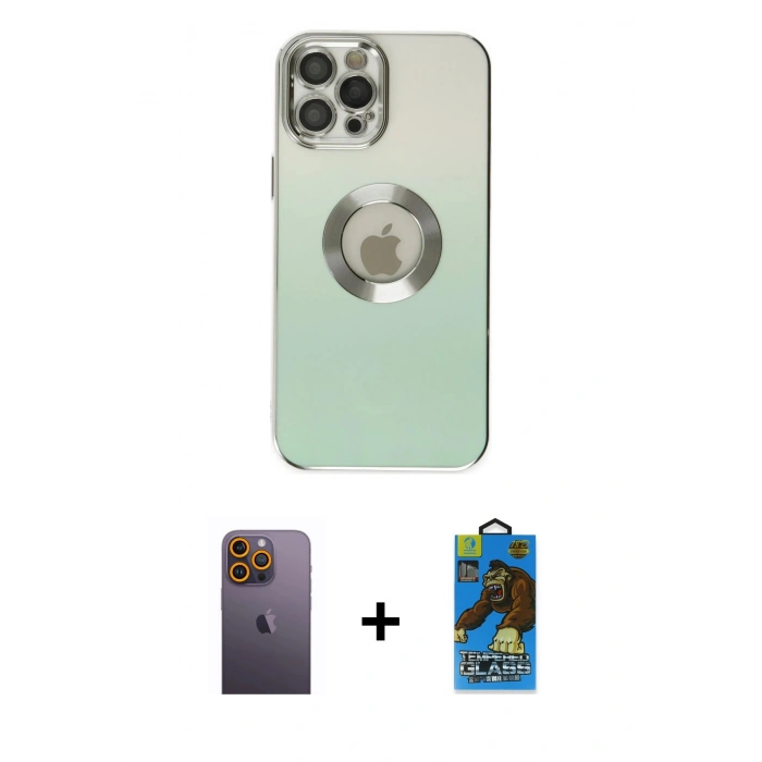 MARSİLYAN™- iPhone 12 Pro Max Kılıf Kutup Yansıma Özel Seri - Siyah 18D Cam Ekran Koruyucu + Neon Fosforlu Kamera Lens - SI