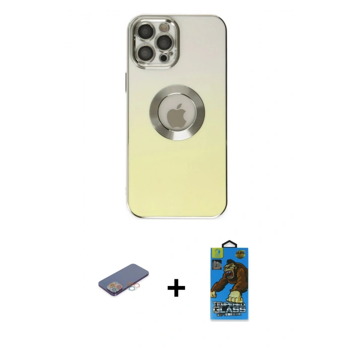 MARSİLYAN™- iPhone 12 Pro Max Kılıf Kutup Yansıma Özel Seri - Siyah 18D Cam Ekran Koruyucu + Renkli Kamera Lens Koruma Cam - PE
