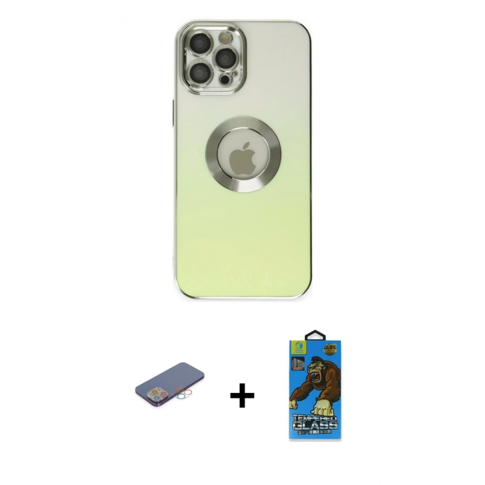 MARSİLYAN™- iPhone 12 Pro Max Kılıf Kutup Yansıma Özel Seri - Siyah 18D Cam Ekran Koruyucu + Renkli Kamera Lens Koruma Cam - PE