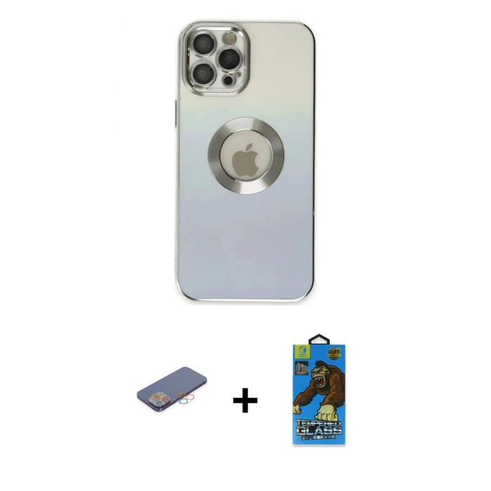 MARSİLYAN™- iPhone 12 Pro Max Kılıf Kutup Yansıma Özel Seri - Siyah 18D Cam Ekran Koruyucu + Renkli Kamera Lens Koruma Cam - PE