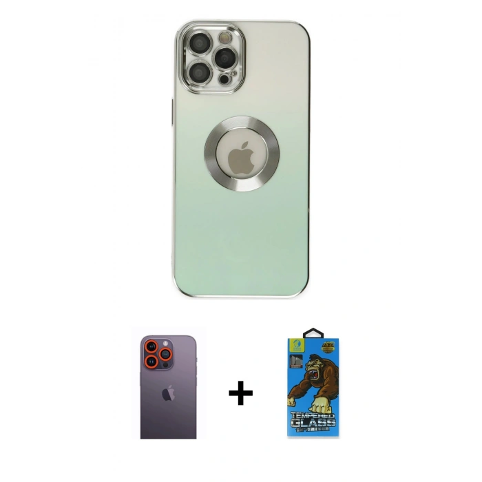 MARSİLYAN™- iPhone 12 Pro Max Kılıf Kutup Yansıma Özel Seri - Siyah 18D Cam Ekran Koruyucu + Neon Fosforlu Kamera Lens - TU