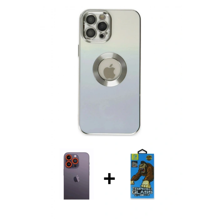 MARSİLYAN™- iPhone 12 Pro Max Kılıf Kutup Yansıma Özel Seri - Siyah 18D Cam Ekran Koruyucu + Neon Fosforlu Kamera Lens - TU