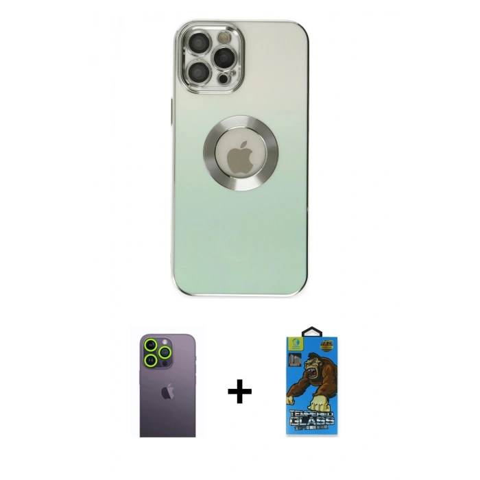 MARSİLYAN™- iPhone 12 Pro Max Kılıf Kutup Yansıma Özel Seri - Siyah 18D Cam Ekran Koruyucu + Neon Fosforlu Kamera Lens - YL