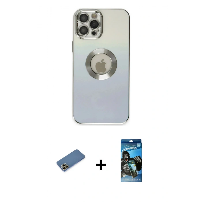 MARSİLYAN™- iPhone 12 Pro Max Kılıf Kutup Yansıma Özel Seri - Siyah 34D Izgaralı Cam + Shine Kamera Lens Koruma Cam - GD
