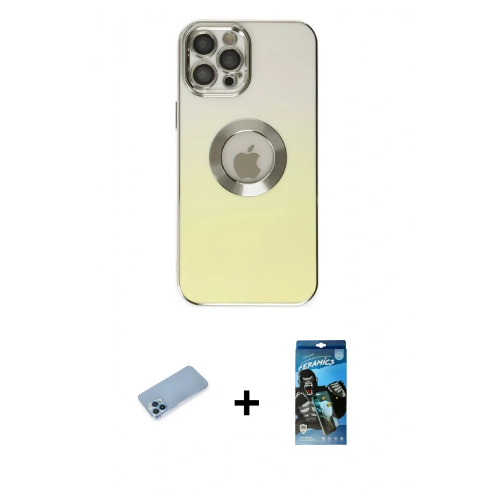 MARSİLYAN™- iPhone 12 Pro Max Kılıf Kutup Yansıma Özel Seri - Siyah 34D Izgaralı Cam + Mavi Shine Kamera Lens Koruma Cam