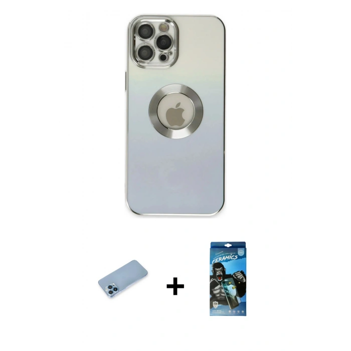 MARSİLYAN™- iPhone 12 Pro Max Kılıf Kutup Yansıma Özel Seri - Siyah 34D Izgaralı Cam + Mavi Shine Kamera Lens Koruma Cam