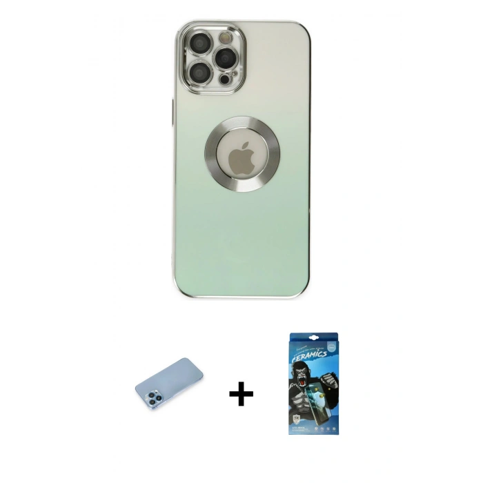 MARSİLYAN™- iPhone 12 Pro Max Kılıf Kutup Yansıma Özel Seri - Siyah 34D Izgaralı Cam + Mavi Shine Kamera Lens Koruma Cam