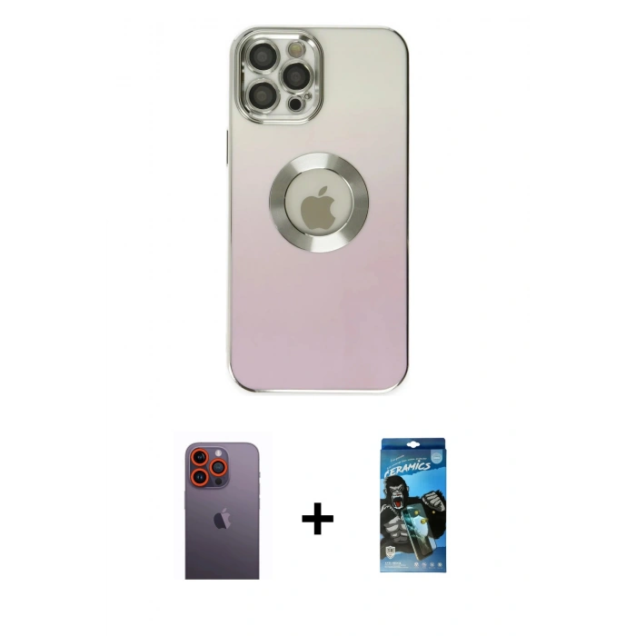 MARSİLYAN™- iPhone 12 Pro Max Kılıf Kutup Yansıma Özel Seri - Siyah 34D Izgaralı Cam + Neon Fosforlu Kamera Lens - TU