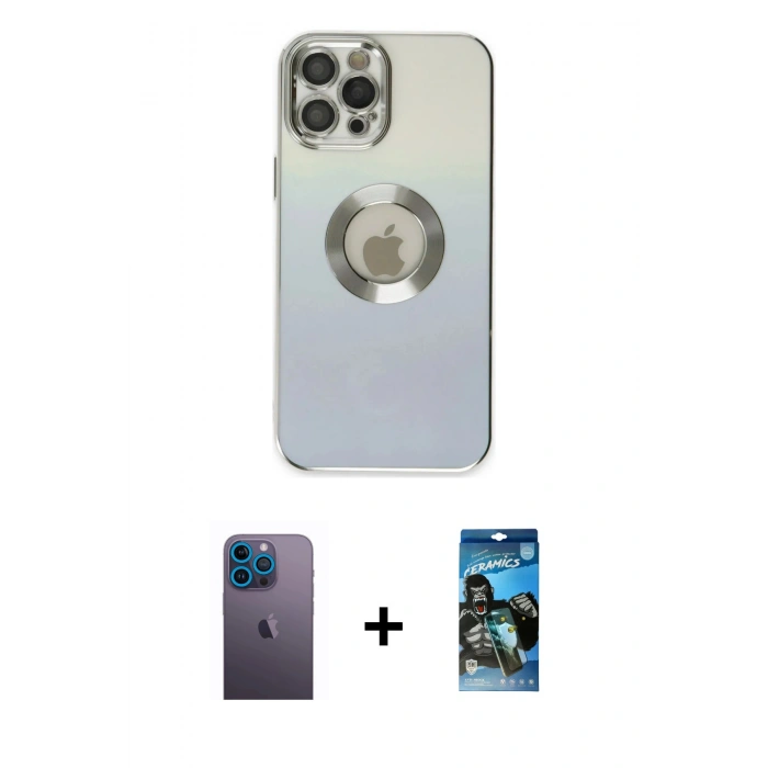 MARSİLYAN™- iPhone 12 Pro Max Kılıf Kutup Yansıma Özel Seri - Siyah 34D Izgaralı Cam + Neon Fosforlu Kamera Lens - MI