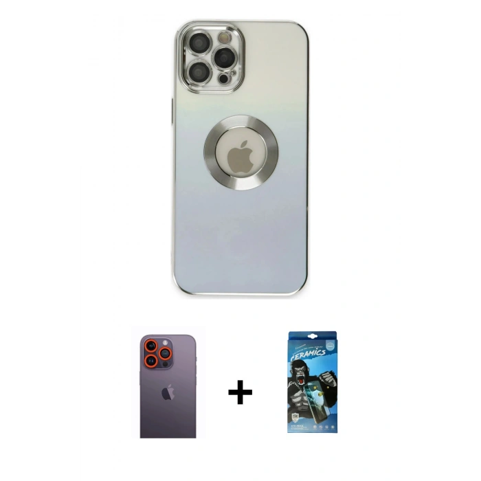MARSİLYAN™- iPhone 12 Pro Max Kılıf Kutup Yansıma Özel Seri - Siyah 34D Izgaralı Cam + Neon Fosforlu Kamera Lens - TU