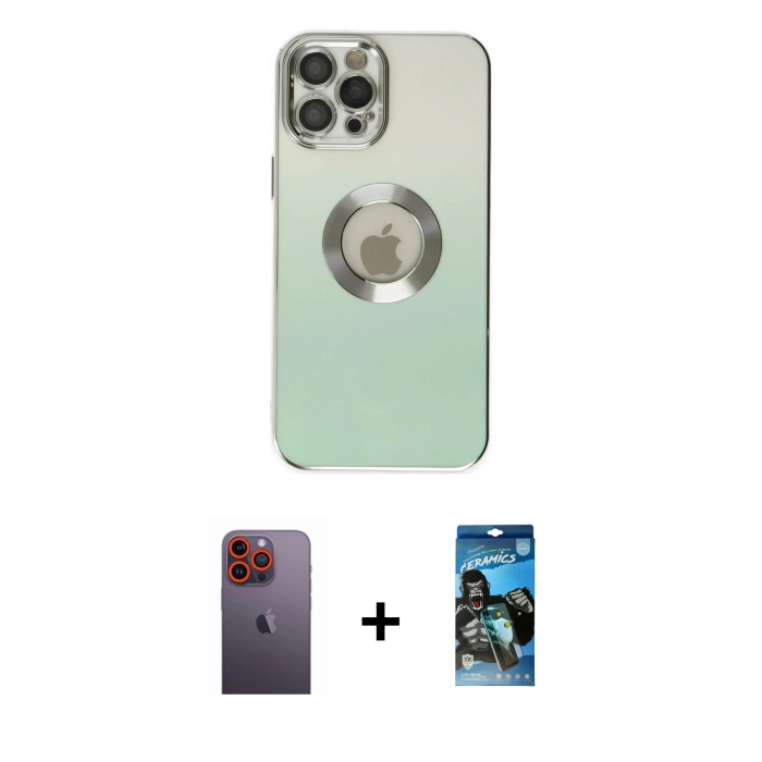 MARSİLYAN™- iPhone 12 Pro Max Kılıf Kutup Yansıma Özel Seri - Siyah 34D Izgaralı Cam + Neon Fosforlu Kamera Lens - TU