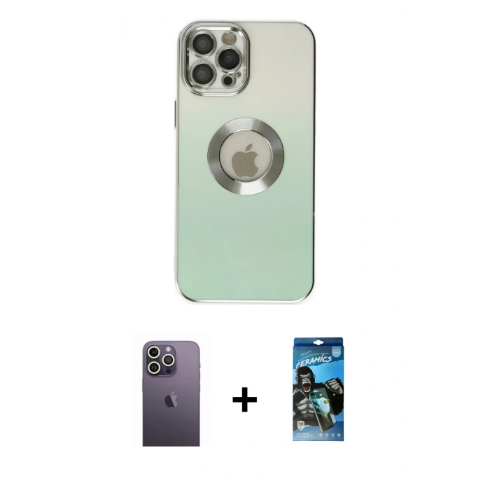 MARSİLYAN™- iPhone 12 Pro Max Kılıf Kutup Yansıma Özel Seri - Siyah 34D Izgaralı Cam + Neon Fosforlu Kamera Lens - BZ