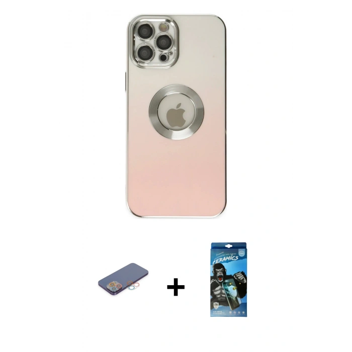 MARSİLYAN™- iPhone 12 Pro Max Kılıf Kutup Yansıma Özel Seri - Siyah 34D Izgaralı Cam + Pembe Renkli Kamera Lens Koruma Cam