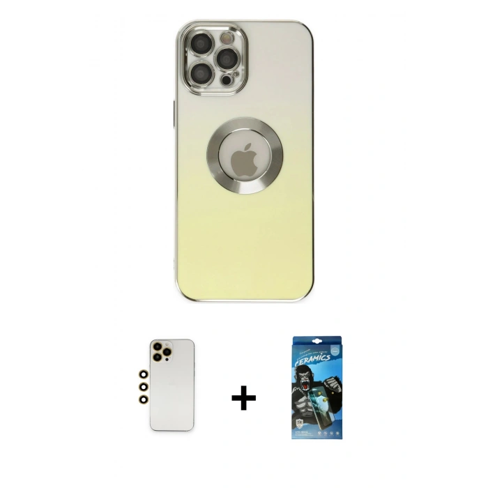 MARSİLYAN™- iPhone 12 Pro Max Kılıf Kutup Yansıma Özel Seri - Siyah 34D Izgaralı Cam + Shine Kamera Lens - GD