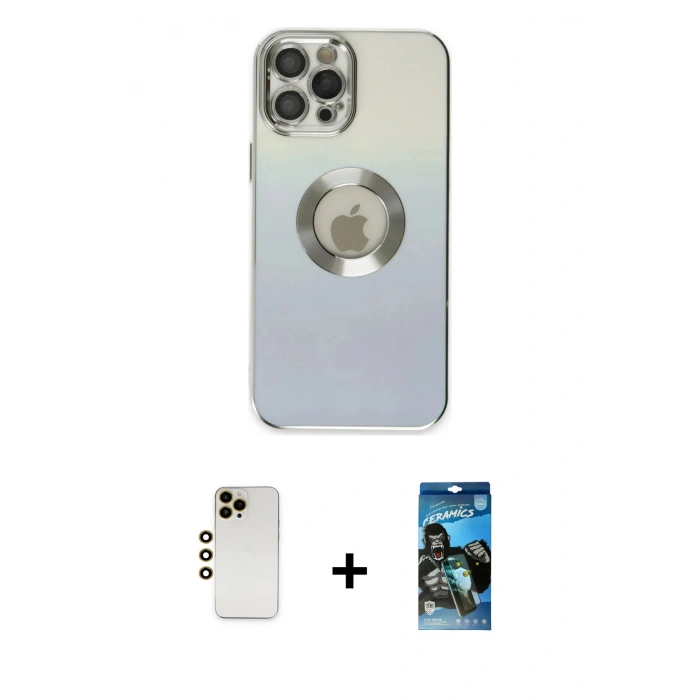 MARSİLYAN™- iPhone 12 Pro Max Kılıf Kutup Yansıma Özel Seri - Siyah 34D Izgaralı Cam + Shine Kamera Lens - GD