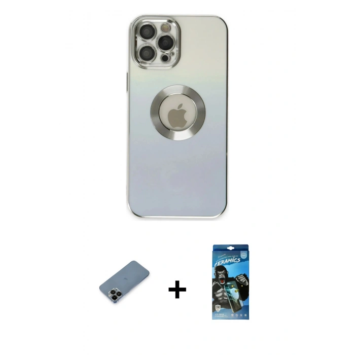 MARSİLYAN™- iPhone 12 Pro Max Kılıf Kutup Yansıma Özel Seri - Siyah 34D Izgaralı Cam + Shine Kamera Lens Koruma Cam - SH