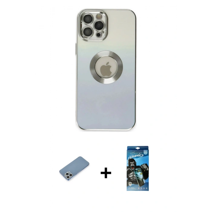 MARSİLYAN™- iPhone 12 Pro Max Kılıf Kutup Yansıma Özel Seri - Siyah 34D Izgaralı Cam + Shine Kamera Lens Koruma Cam - GS