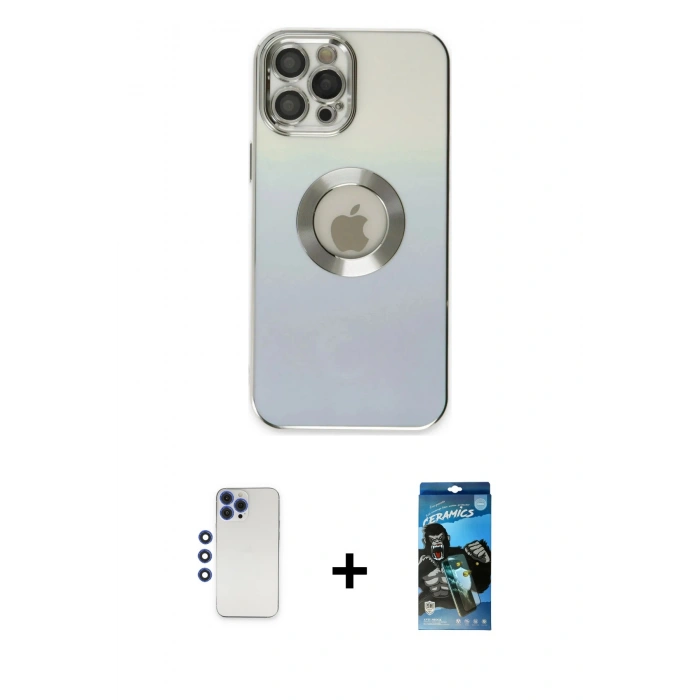 MARSİLYAN™- iPhone 12 Pro Max Kılıf Kutup Yansıma Özel Seri - Siyah 34D Izgaralı Cam + Shine Kamera Lens - LT