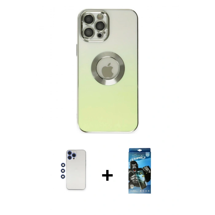 MARSİLYAN™- iPhone 12 Pro Max Kılıf Kutup Yansıma Özel Seri - Siyah 34D Izgaralı Cam + Shine Kamera Lens - LT