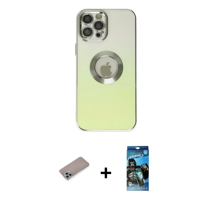 MARSİLYAN™- iPhone 12 Pro Max Kılıf Kutup Yansıma Özel Seri - Siyah 34D Izgaralı Cam + Sierra Blue Shine Kamera Lens Koruma Cam