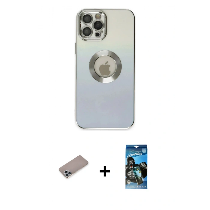 MARSİLYAN™- iPhone 12 Pro Max Kılıf Kutup Yansıma Özel Seri - Siyah 34D Izgaralı Cam + Sierra Blue Shine Kamera Lens Koruma Cam