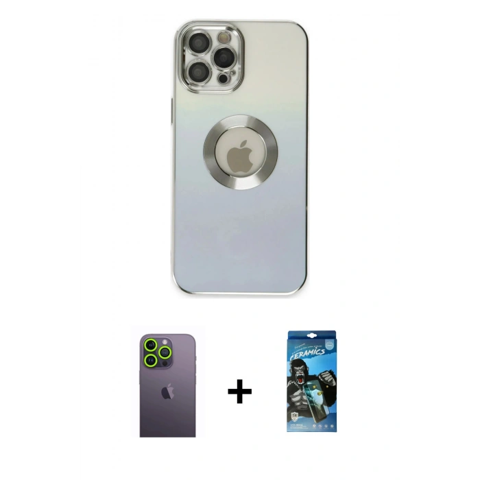 MARSİLYAN™- iPhone 12 Pro Max Kılıf Kutup Yansıma Özel Seri - Siyah 34D Izgaralı Cam + Neon Fosforlu Kamera Lens - YL