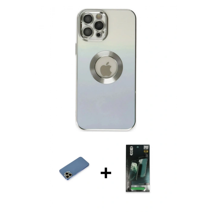 MARSİLYAN™- iPhone 12 Pro Max Kılıf Kutup Yansıma Özel Seri - Siyah 360 Mat Full Body Arka Koruyucu + Shine Kamera Lens Koruma Cam - GD
