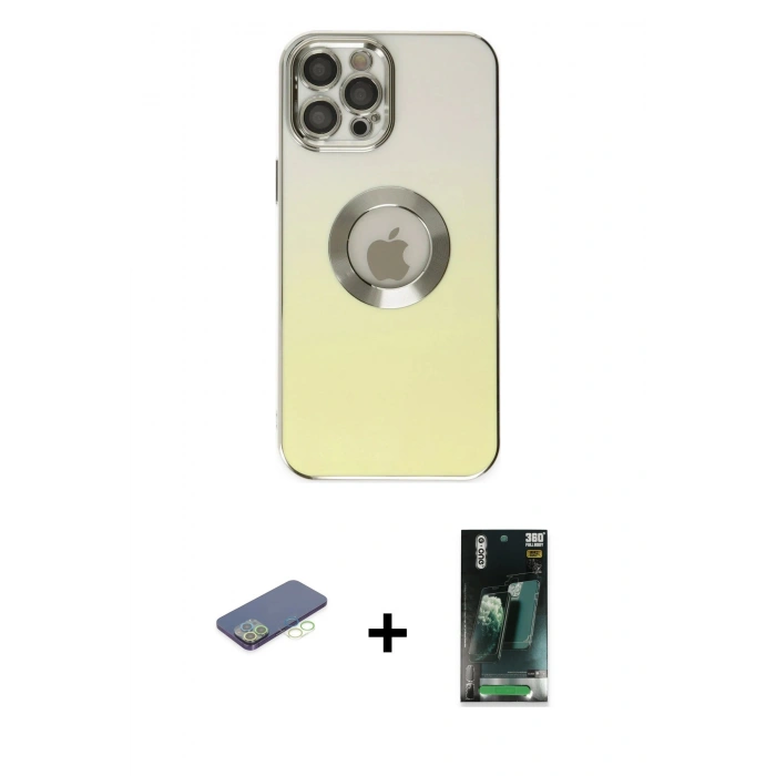 MARSİLYAN™- iPhone 12 Pro Max Kılıf Kutup Yansıma Özel Seri - Siyah 360 Mat Full Body Arka Koruyucu + Renkli Kamera Lens Koruma Cam - YL