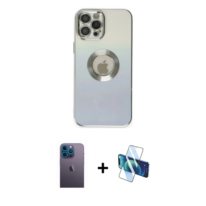 MARSİLYAN™- iPhone 12 Pro Max Kılıf Kutup Yansıma Özel Seri - Siyah 3D Antistatik Cam Ekran Koruyucu + Neon Fosforlu Kamera Lens - MI