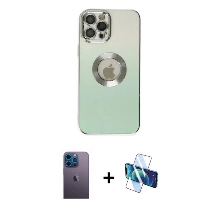 MARSİLYAN™- iPhone 12 Pro Max Kılıf Kutup Yansıma Özel Seri - Siyah 3D Antistatik Cam Ekran Koruyucu + Neon Fosforlu Kamera Lens - MI