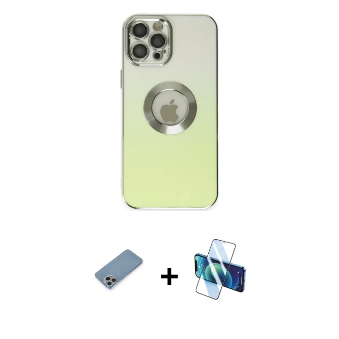 MARSİLYAN™- iPhone 12 Pro Max Kılıf Kutup Yansıma Özel Seri - Siyah 3D Antistatik Cam Ekran Koruyucu + Shine Kamera Lens Koruma Cam - GI